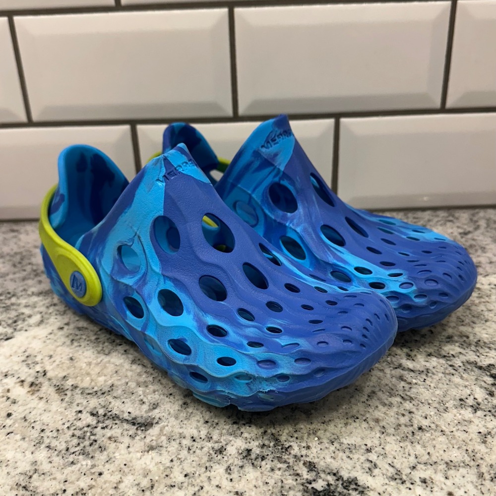 Merrell Kid Size 2 Hydro Moc Blue Marble Lime Green Water Shoes Slip-On Gorpcore